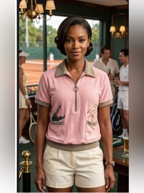 Pink Zip-Front Terry Polo Top with Contrast Collar